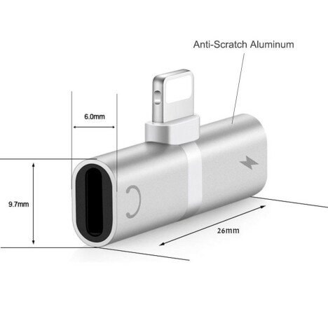 Mini Adaptor Lightning Splitter iUni dual port, pentru casti si incarcare iPhone, Silver