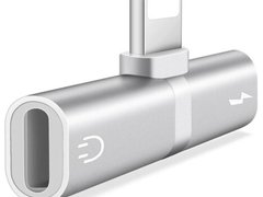 Mini Adaptor Lightning Splitter iUni dual port, pentru casti si incarcare iPhone, Silver